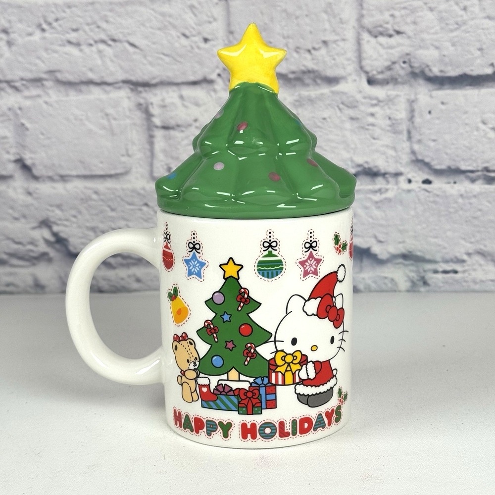 Hello Kitty Happy Holidays Ceramic Coffee Tea Cup Mug With 3D Christmas Tree Lid
